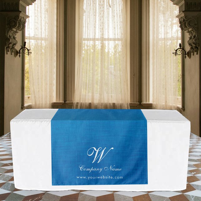 Tenture Banderole de chemin de table de travail en lin ble (Blue Linen Business Table Runner Banner Script Tapestry)