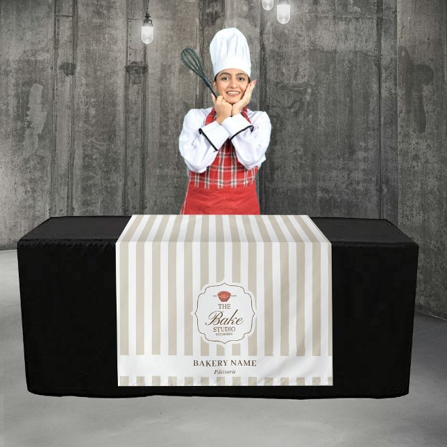 Tenture Banderole de table de magasin éphémère avec logo e (Beige Stripes Logo Table Pop Up Shop Vendor Runner Tapestry)