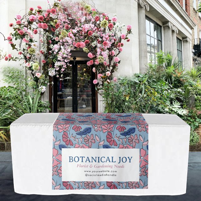 Tenture Banderole de table de magasin éphémère florale ros (Blue Pink Floral Pop Up Shop Table Runner Sign Tapestry)
