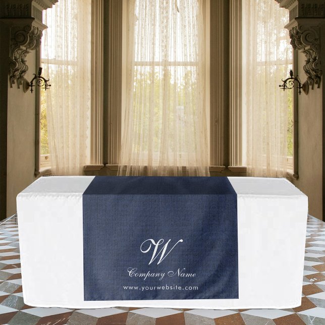 Tenture Banderole de table de travail en lin bleu Script (Blue Linen Business Table Runner Banner Script Tapestry)