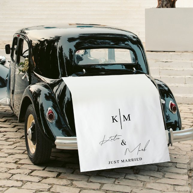 Tenture Banderole de voiture de mariage Monogramme 'Just M (Just Married Monogram Fabric Car Banner Sign Tapestry)