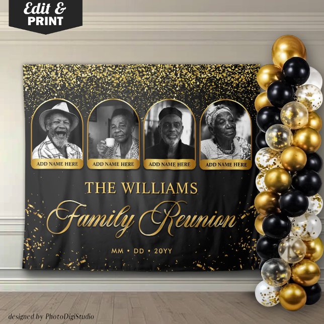 Tenture Banderole personnalisée pour réunion de famille, 4 (Custom Family Reunion Banner, 4 Photo Black Gold Tapestry)