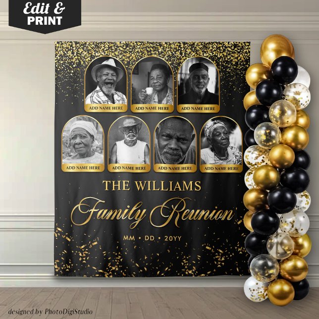 Tenture Banderole personnalisée pour réunion de famille, 7 (Custom Family Reunion Banner, 7 Photo Black Gold Tapestry)
