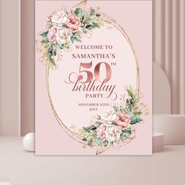 Tenture Bannière 50e Anniversaire Rose Doré Pâle Fleurie (Blooming Rose Gold Pastel Pink 50th Birthday Backdrop Banner

)