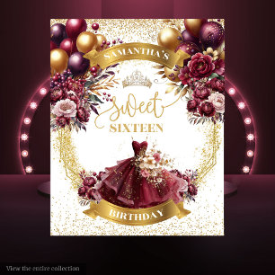 Tenture Bannière Burgundy Gold Sweet 16 avec ballons à Par