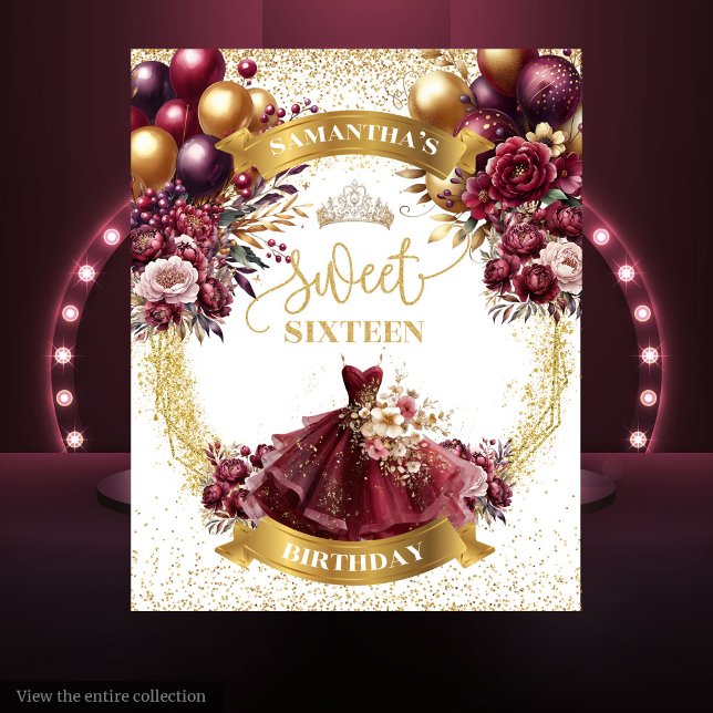 Tenture Bannière Burgundy Gold Sweet 16 avec ballons à Par (Burgundy Gold Sweet 16 Banner with Glitter Balloons)