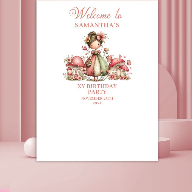 Tenture Bannière Champignon Rose pour le 5ème Anniversaire (Cute Fairy 5th Birthday Pink Mushroom Banner)