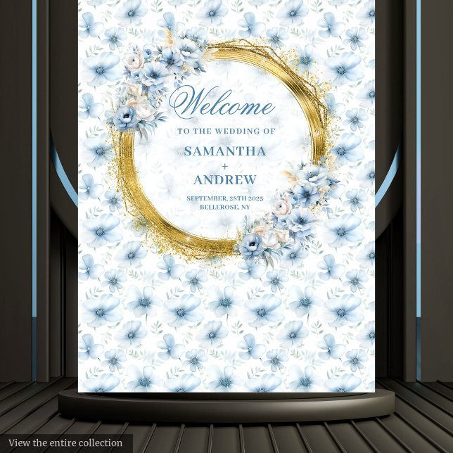 Tenture Bannière Chic Bohème Bleu Bleu Or Mariage (Chic Bohemian Light Blue Gold Wedding Banner)