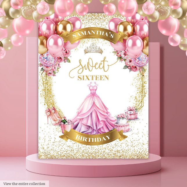 Tenture Bannière Classé Sweet sixteen Parties scintillant  (Classy Sweet Sixteen Party Banner Gold Glitter Pink)