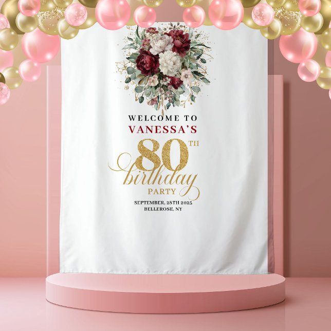 Tenture Bannière d'anniversaire 80 ans Rustique Bourgogne (Rustic Burgundy 80th Birthday Banner)