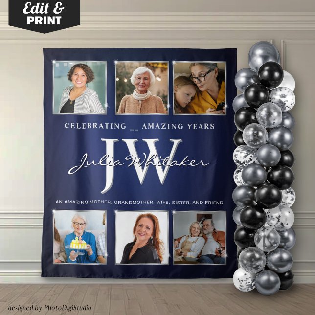 Tenture Bannière d'anniversaire à initiales personnalisées (Custom Initials Birthday Banner Blue Silver Tapestry)
