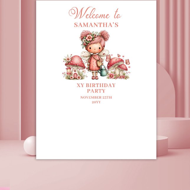 Tenture Bannière d'anniversaire de fille fleurs roses Jard (Cute Fairy Garden Pink Floral Girl Birthday Backdrop)