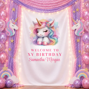 Tenture Bannière d'anniversaire de fille licorne rose fant