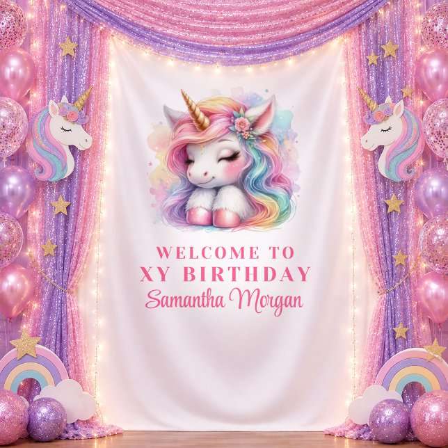 Tenture Bannière d'anniversaire de fille licorne rose fant (Whimsical Pink Unicorn Girl Birthday Banner

)