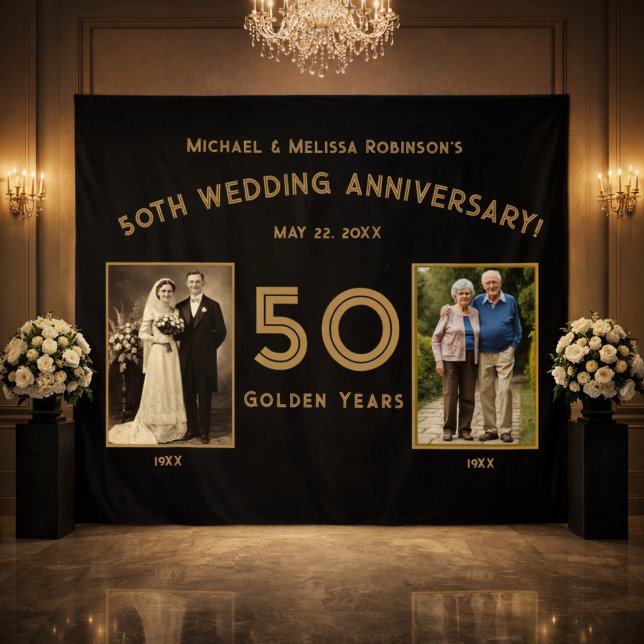 Tenture Bannière d'anniversaire de mariage 50 ans - Pho de (Elegant black and gold 50th anniversary backdrop in luxury ballroom setting.)