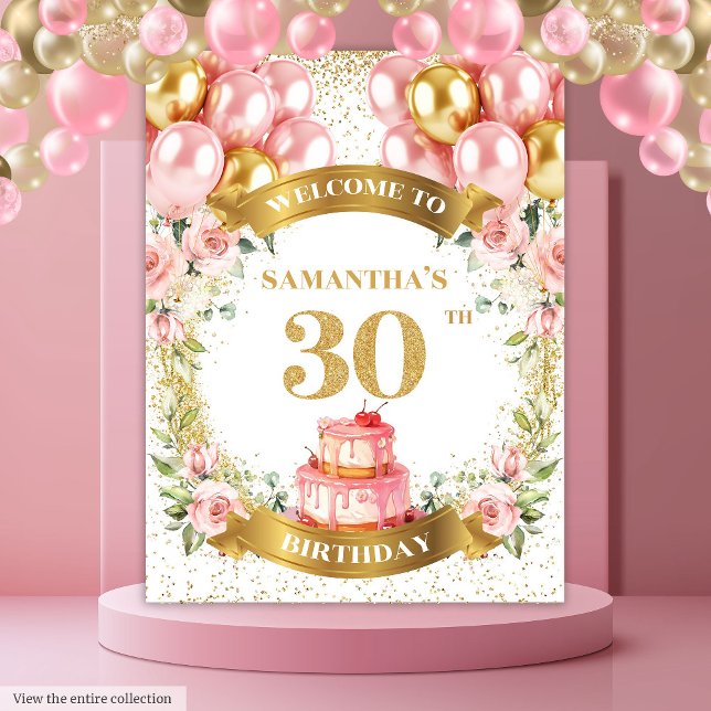 Tenture Bannière d'anniversaire dorée rose pour trentes an (Sweet 30th Birthday Blush Gold Birthday Banner)