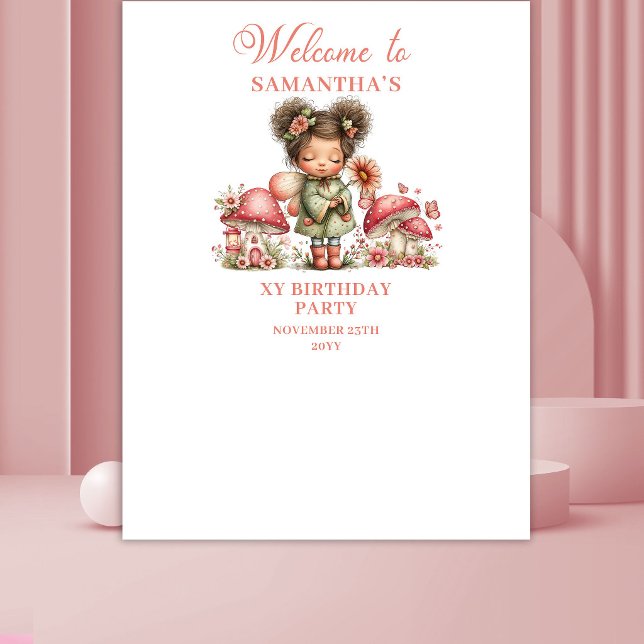 Tenture Bannière d'anniversaire Fée charmante Fleurs roses (Charming Fairy Pink Flowers Girl Birthday Banner)