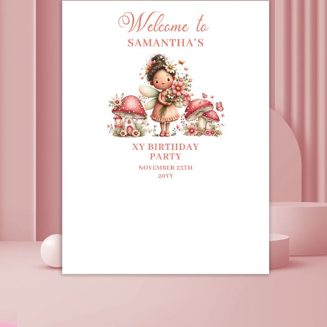 Tenture Bannière d'anniversaire Fille aux fleurs roses de  (Charming Fairy Pink Flowers Girl Birthday Banner)