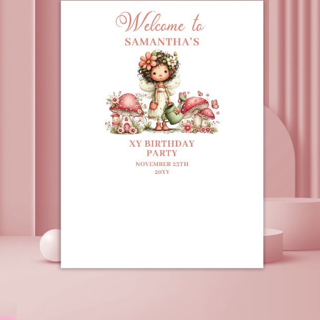 Tenture Bannière d'anniversaire Fille Fleurs Roses Fantais (Whimsical Fairy Pink Flowers Girl Birthday Banner)