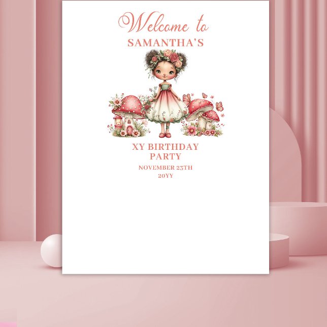 Tenture Bannière d'anniversaire Fille Fleurs Roses Fantais (Whimsical Fairy Pink Flowers Girl Birthday Tapestry)