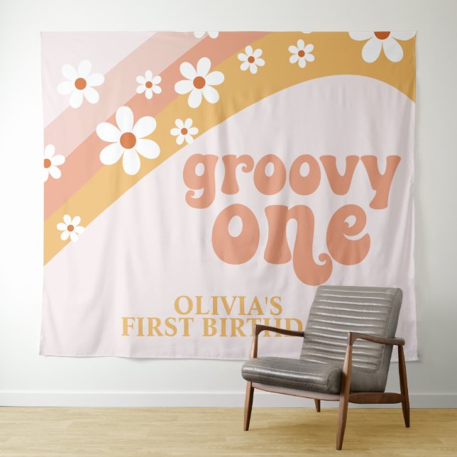 Tenture Bannière d'anniversaire Groovy One Retro Daisy (En situation (horizontale))