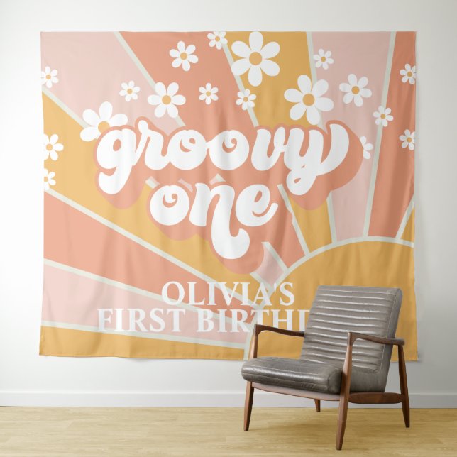 Tenture Bannière d'anniversaire Retro Sunshine Groovy One  (En situation (horizontale))