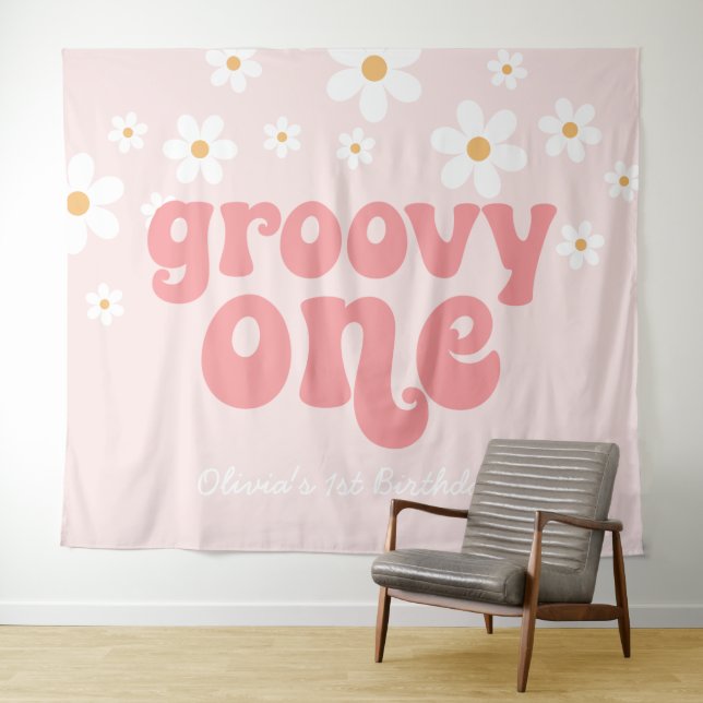 Tenture Bannière de 1er anniversaire Groovy One Retro Dais (En situation (horizontale))