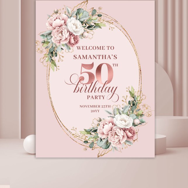 Tenture Bannière de 50e anniversaire à feuillage doré rose (Romantic Rose Gold Greenery 50th Birthday Banner)