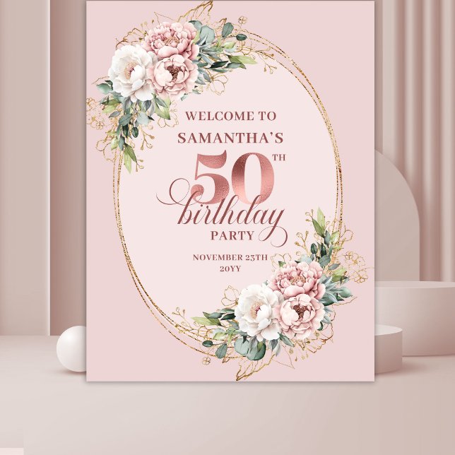 Tenture Bannière de 50e anniversaire végétale en or rose é (Stylish Rose Gold Greenery 50th Birthday Banner)
