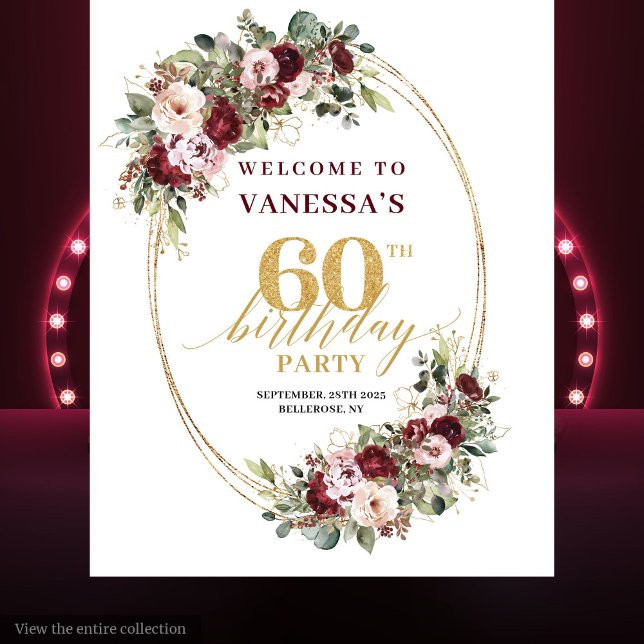 Tenture Bannière de 60 ans Floral Or Bourgogne Classique (Classic Burgundy Gold Floral 60th Birthday Banner)