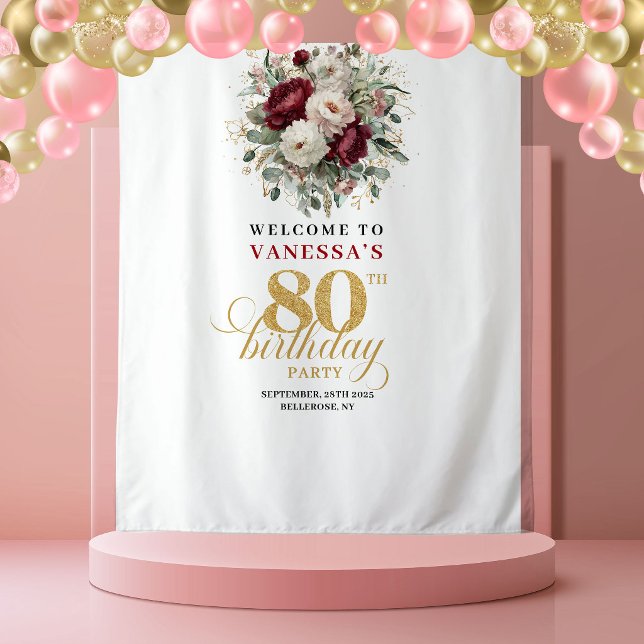 Tenture Bannière de 80e anniversaire Blush Floral raffiné (Refined Blush Floral 80th Birthday Banner)