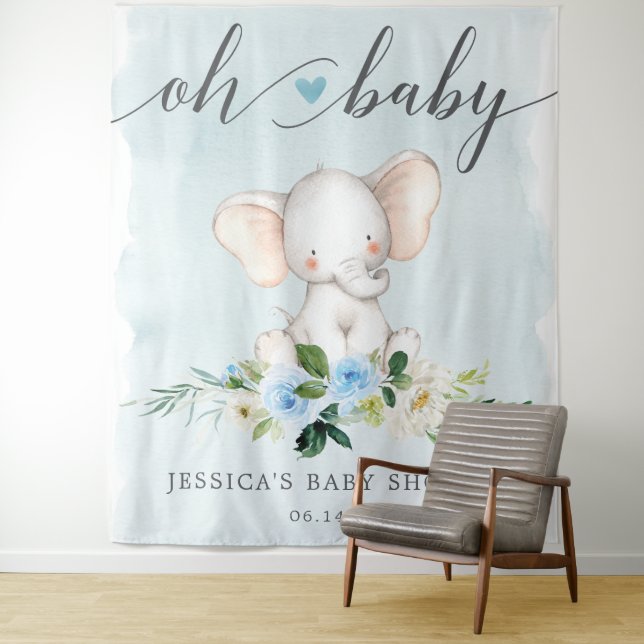 Tenture Bannière de Baby Shower d'Éléphant Bleu pour toile (En situation)