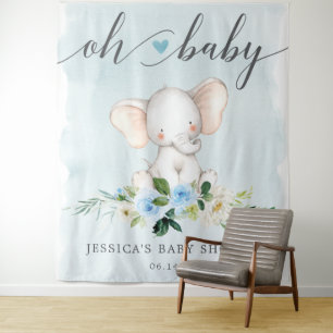 Tenture Bannière de Baby Shower Eléphant Bleu Photo Toile