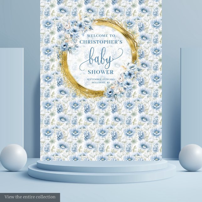 Tenture Bannière de Baby Shower Fleurie Bleu Poussiéreux e (Charming Dusty Blue Gold Floral Baby Shower Banner Tapestry)