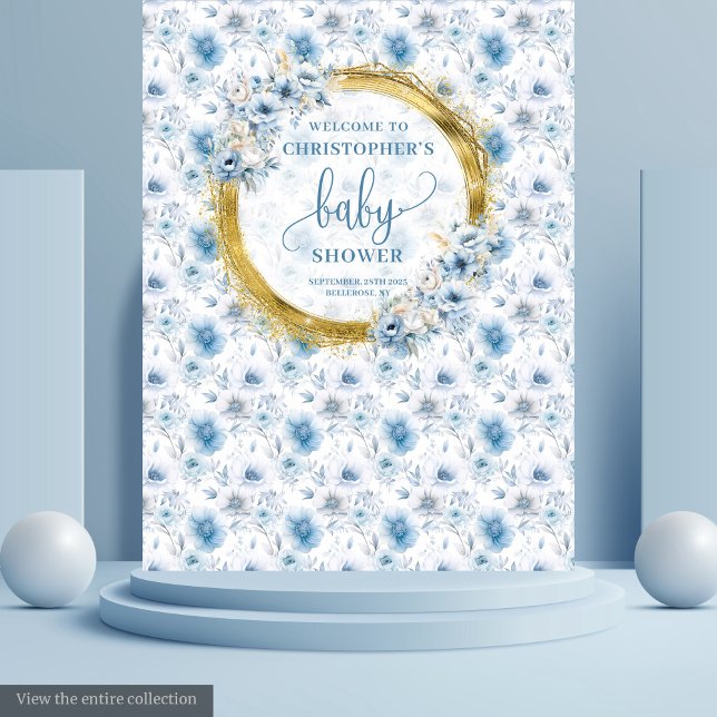 Tenture Bannière de Baby Shower Fleurie Bleue Pastel et Or (Dainty Pastel Blue Gold Floral Baby Shower Banner Tapestry)