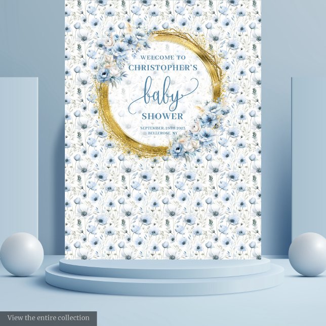 Tenture Bannière de Baby Shower Fleurs Bleu Pastel Doré Do (Sweet Pastel Blue Gold Flowers Baby Shower Banner Tapestry)
