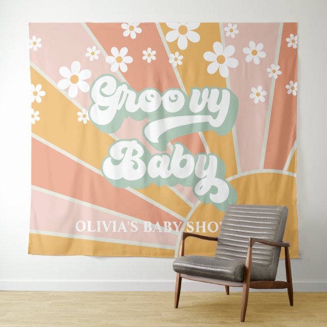Tenture Bannière de Baby Shower Groovy Baby Retro Sunshine (En situation (horizontale))