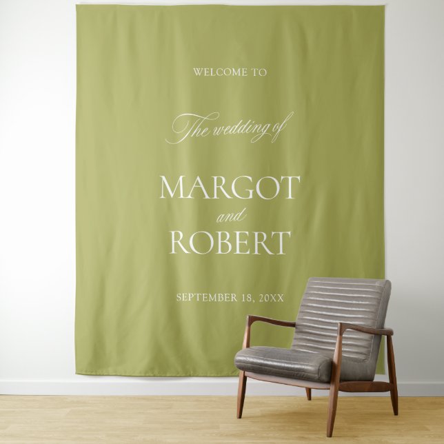 Tenture Bannière de Bienvenue de Mariage Vert Olive (En situation)