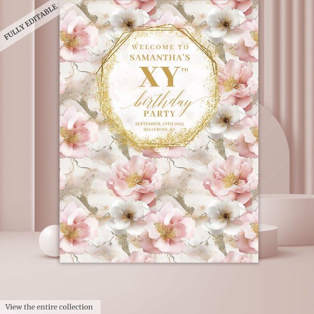 Tenture Bannière de célébration d'anniversaire à fleurs ro (Fabulous Blush Floral Birthday Celebration Banner Tapestry )