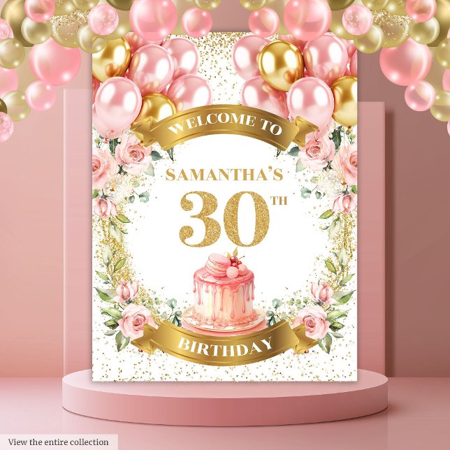 Tenture Bannière de célébration en doré rosé pour un 30e a (Lovely 30th Birthday Blush Gold Celebration Banner)