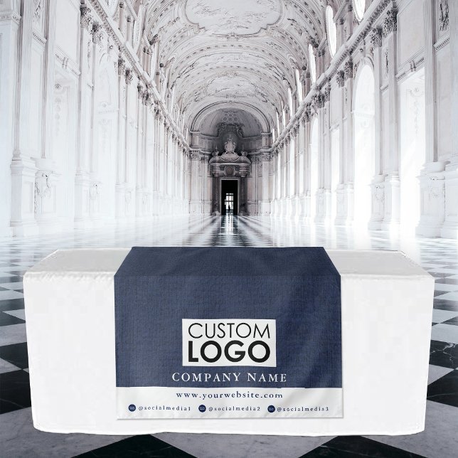 Tenture Bannière de chemin de table d'affaires en lin bleu (Business Table Runner Banner Linen Logo Blue Tapestry)