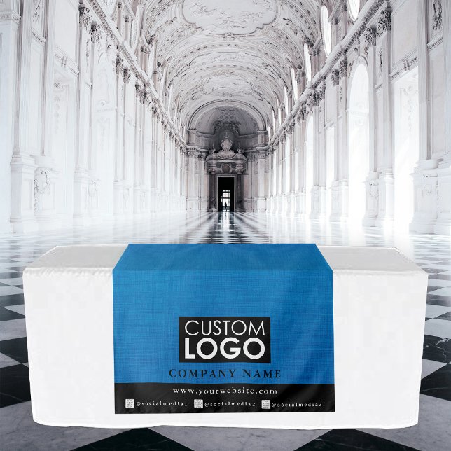 Tenture Bannière de chemin de table d'affaires en lin bleu (Business Table Runner Banner Linen Logo Blue Tapestry)