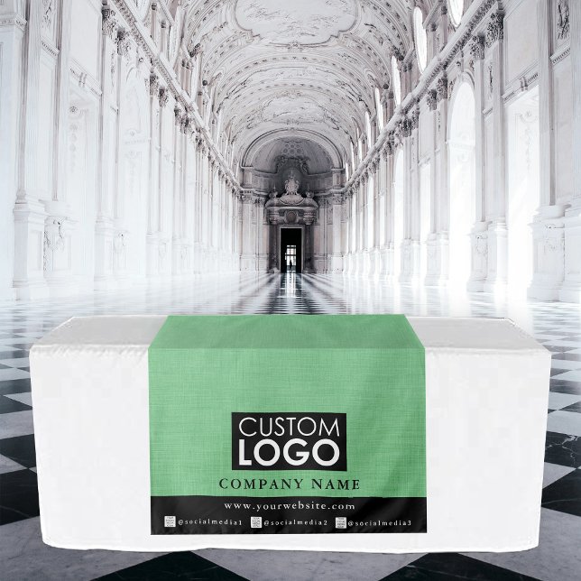 Tenture Bannière de chemin de table d'affaires en lin vert (Business Table Runner Banner Linen Logo Green Tapestry)