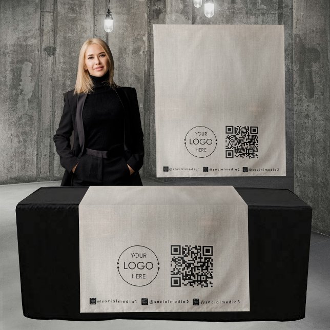 Tenture Bannière de chemin de table personnalisée en lin C (Custom Table Runner Banner Linen Business QR Code Tapestry)