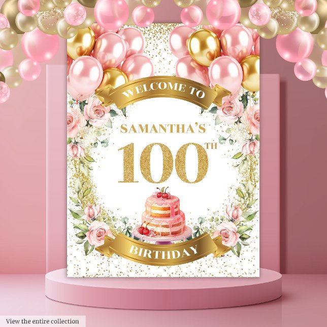 Tenture Bannière de conception moderne en or rose pour 100 (Modern 100th Birthday Blush Gold Banner Design Tapestry)