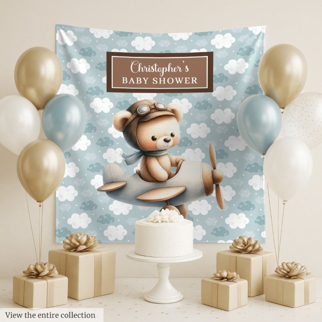 Tenture Bannière de décoration pour baby shower avec ours  (Vintage teddy bear pilot baby shower photo banner)