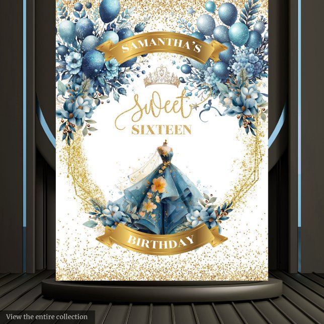 Tenture Bannière de fête aquarelle Sweet 16 Bleu Or Étince (Blue Gold Sparkle Sweet 16 Watercolor Party Banner Tapestry)