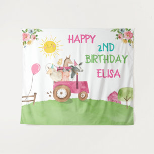 Tenture Bannière de Fête d'Anniversaire Fille Rose Animaux