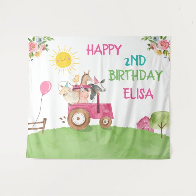 Tenture Bannière de Fête d'Anniversaire Fille Rose Animaux (Devant (Horizontal))