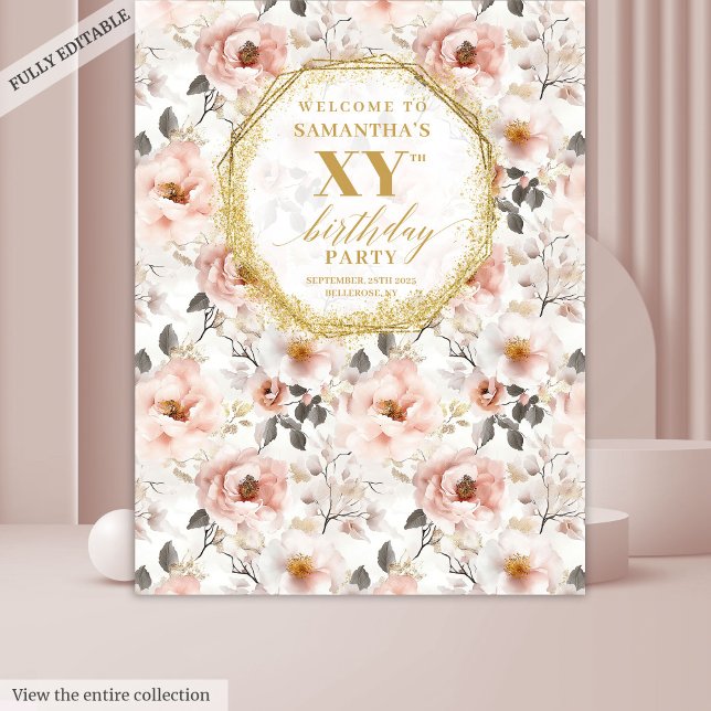 Tenture Bannière de fête d'anniversaire fleurie rose poudr (Glamorous Dusty Pink Floral Birthday Party Banner Tapestry)